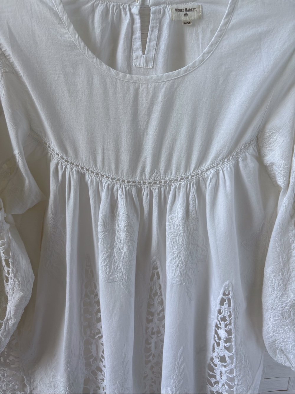 World Market Cotton L/XL White Crochet Babydoll Top 3/4 Sleeve Keyhole Back Soft - Picture 9 of 14